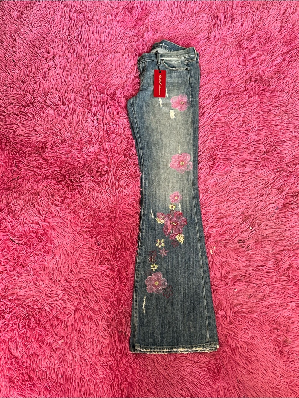 Guess Blue Denim Flare Jeans with Pink Floral Embroidery - Picture 2 of 15